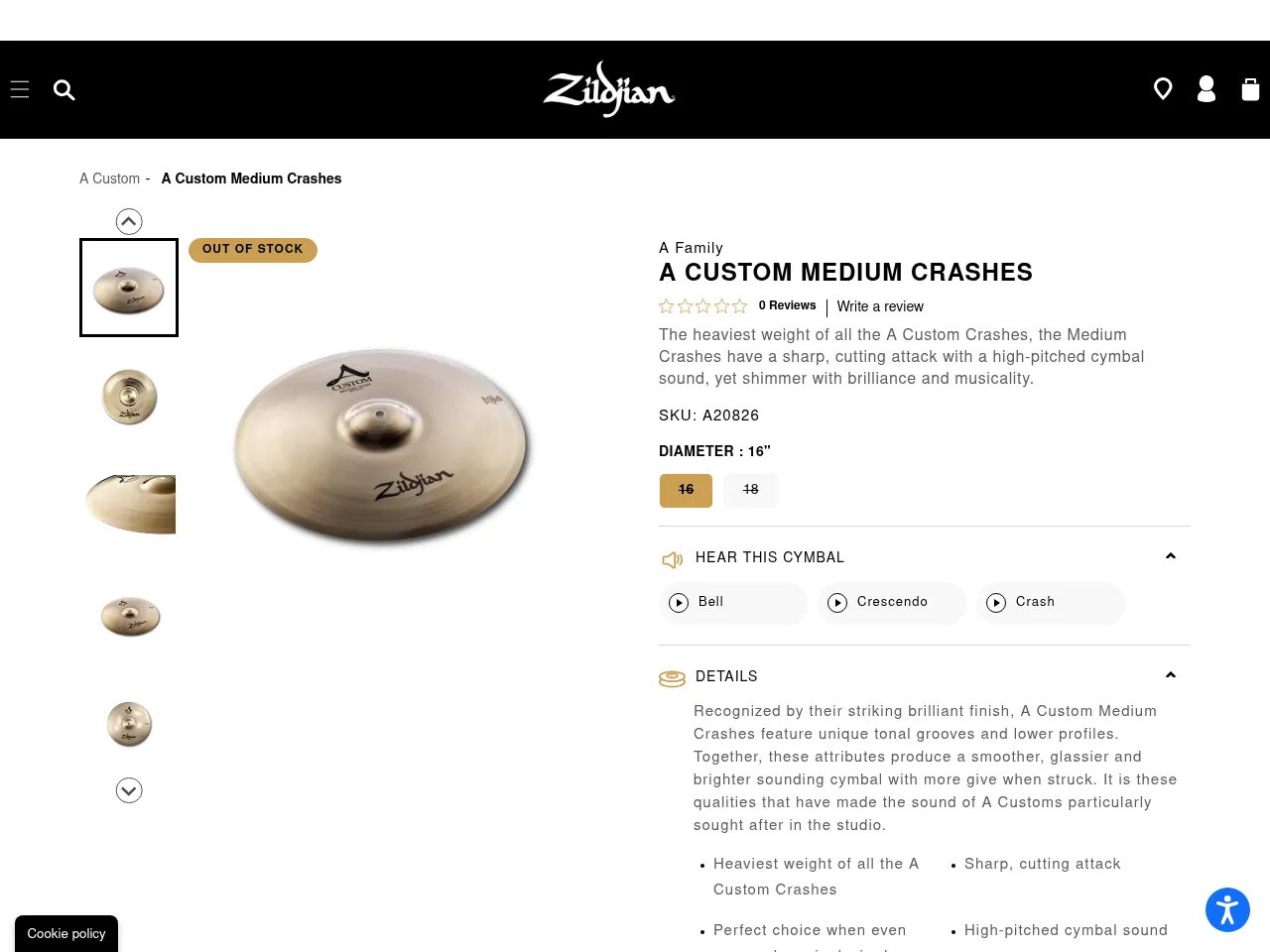 Zildjian A Custom 16" Medium Crash