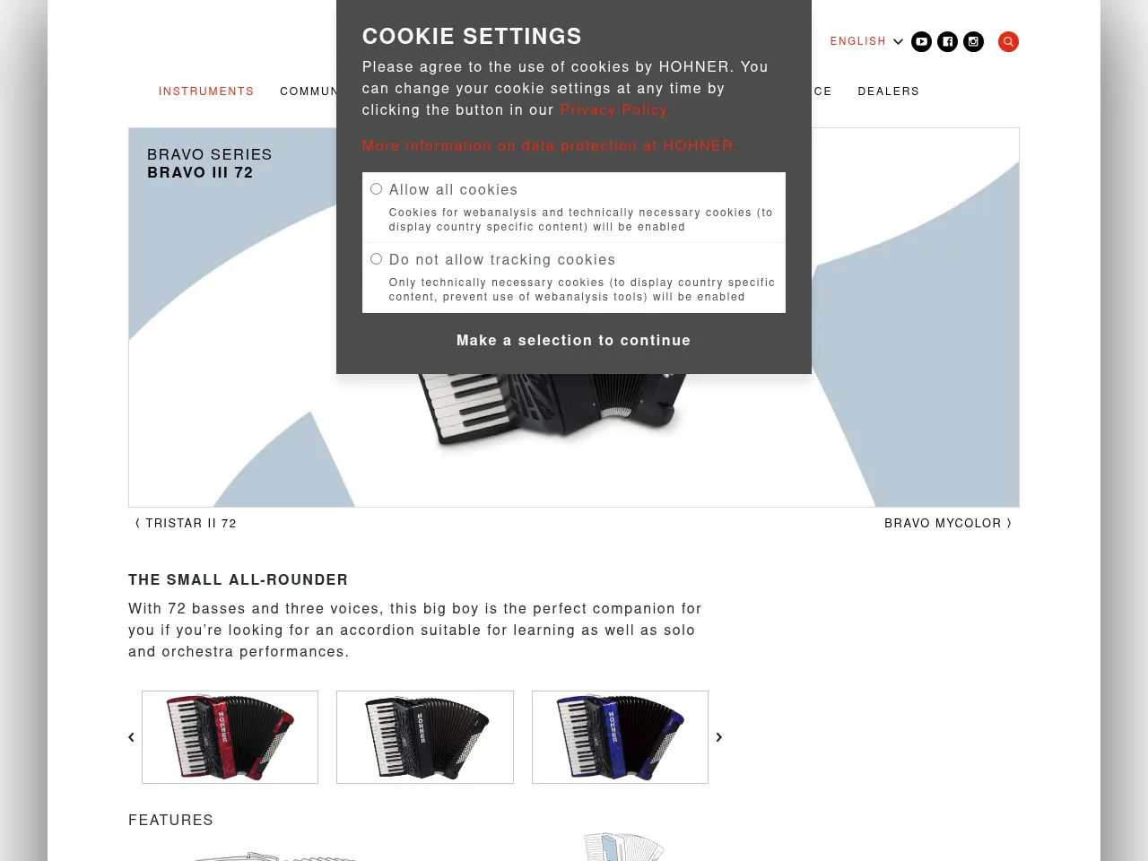 Hohner Bravo III 72 Bass Piano Accordion